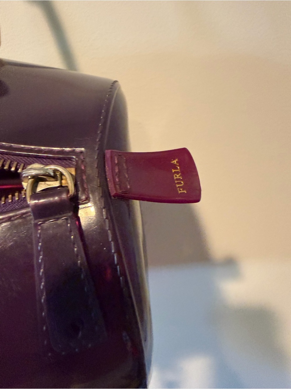 Furla Candy Glossy Purple Patent Satchel with Gold Hardware - Picture 4 of 9